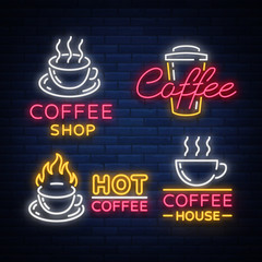 Wall Mural - Set of vector coffee elements and accessories for coffee. Coffee logos, emblems in neon style, noy advertising coffee. Bright luminous signboard, night advertisement