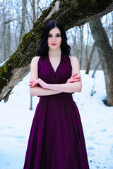 Wall Mural - A young woman in an elegant burgundy evening dress in winter among trees and snow conceals a riddle