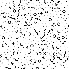Aufkleber - Abstract geometric pattern background. Vector irregular chaotic black lines, dots and circles pattern modern trendy seamless white Memphis retro background tile design template