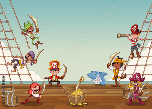 Group of cartoon pirates on a decks of a ship