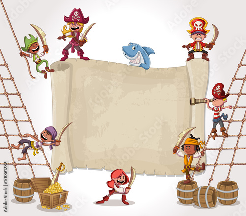 Big pirate map and cartoon pirate children