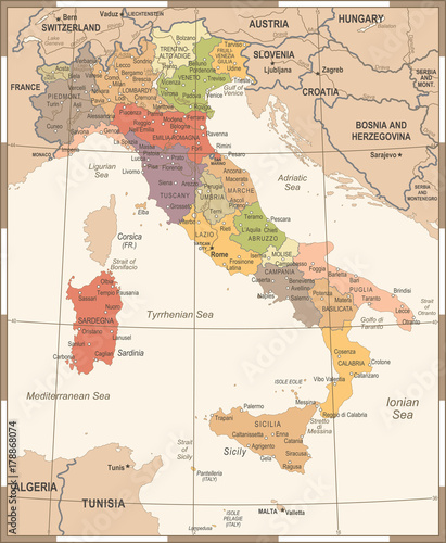 Italy Map - Vintage Vector Illustration Tableau sur Toile