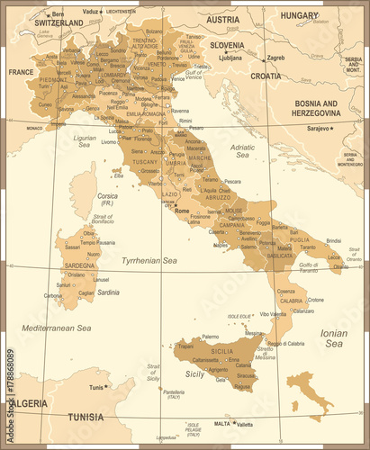 Italy Map - Vintage Vector Illustration Tableau sur Toile