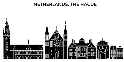 Netherlands, The Hague architecture skyline, buildings, silhouette, outline landscape, landmarks. Editable strokes. Flat design line banner, vector illustration concept. 