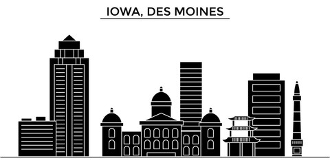 Wall Mural - Usa, Iowa, Des Moines architecture skyline, buildings, silhouette, outline landscape, landmarks. Editable strokes. Flat design line banner, vector illustration concept. 