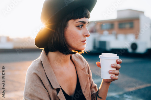 Natural Beauty Pretty Woman With Short Haircut And In Black Fedora