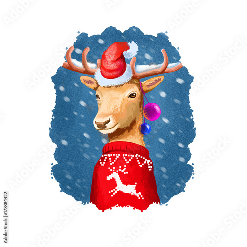 Digital Art Illustration Of Christmas Deer In Santa S Hat And Red