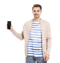 Sticker - Young handsome man with mobile phone against white background