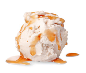 Wall Mural - Scoop of ice cream with caramel topping, isolated on white