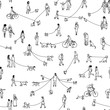© Franzi draws - Seamless pattern with tiny people walking their dogs, black and white outline ink illustration