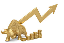 Gold Bull With Coins And Uprise Arrow.3D Illustration.