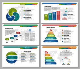 Wall Mural - Colorful presentation sheet templates. Bright infographic elements. Circle diagram, pyramid, timeline charts with text samples. Vector illustration.