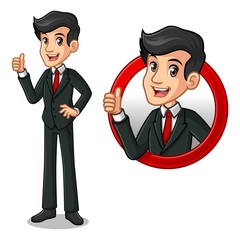 Set of businessman in black suit cartoon character design, inside the circle logo concept with showing like, ok, good job, satisfied sign gesture with his thumbs up, isolated against white background.