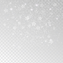 White tender snowflakes, snow falling over transparent background, vector illustration.