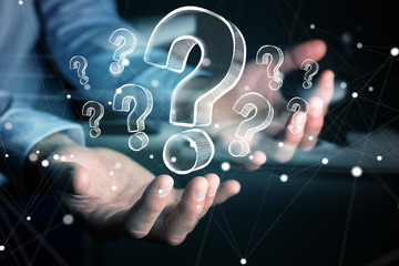 Poster - Businessman holding hand drawn question marks