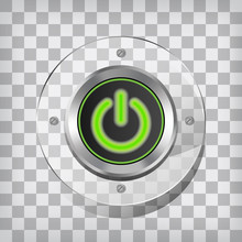 Metallic Green Power Button Icon On The Squared Background 