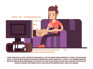 Sticker - Single girl with cat and cup of tea watch TV