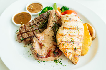 Wall Mural - Chicken breast and Pork chop with beef meat steak and vegetable