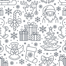 Christmas, New Year Seamless Pattern, Line Illustration. Vector Icons Winter Holidays Christmas Tree, Gifts, Letter To Santa, Presents, Jingle Bells. Celebration Party White Black Repeated Background.