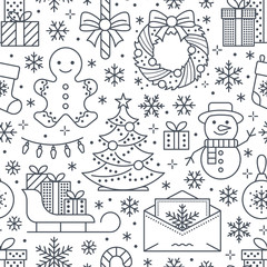 Christmas, new year seamless pattern, line illustration. Vector icons of winter holidays christmas tree, gifts, letter to santa, presents, snowman. Celebration party white black repeated background.