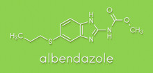 Albendazole Anthelmintic Drug Molecule. Used In Treatment Of Parasitic Worm Infestations. Skeletal Formula.