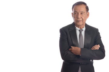 Confident businessman, Close up  businessman in black suit posing with arms crossed isolated on white background and free copy space.