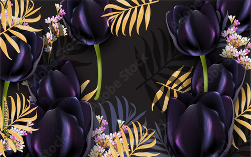 Black tulips Luxury card Vector. Beautiful illustration for invitation, weddi...