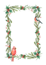 Watercolor Vector Christmas Bouquet With Birds And Fir Branches.