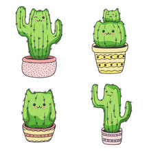 Set Of Cute Cartoon Cat Cactus. Vector Illustration.