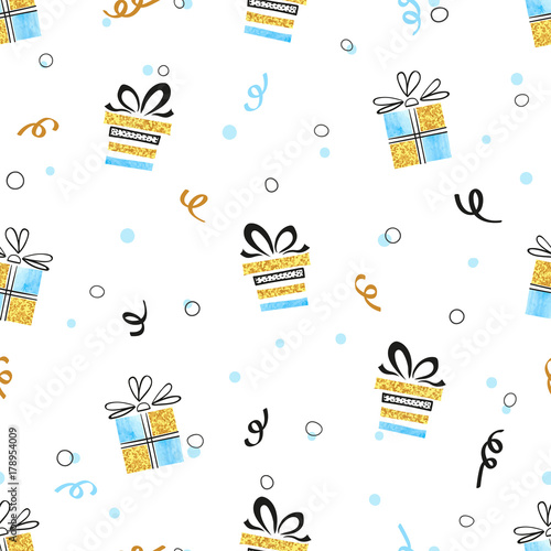 Celebration background with hand drawn presents. Seamless Christmas or New Ye...