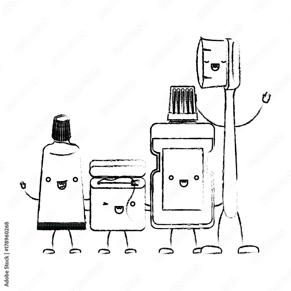 toothpaste and dental floss and mouthwash and toothbrush in cartoon ...