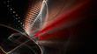 Abstract black and red background. Fractal graphics series. Three-dimensional composition of dots, waves and rays of light. Wide.