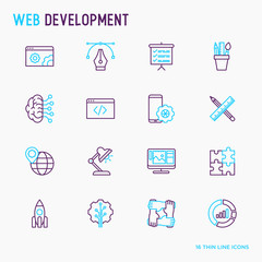 Wall Mural - web development thin line icons set of programming, graphic design, mobile app, strategy, artificial