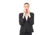 © Mediaphotos - Portrait of young emotional businesswoman in formal suit on white background