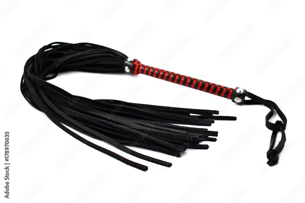 Leather flogger whip sex toys stock photo images. Black red leather whip  isolated on a white background. BDSM tool. Cat flogger adult sex toy images  photo Stock-foto | Adobe Stock