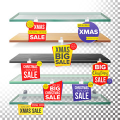 Sticker - Empty Supermarket Shelves, Holidays Christmas Sale Wobblers Vector. Price Tag Labels. December Big Sale Banner. Holidays Xmas Selling Card. Discount Sticker. Sale Banners. Isolated Illustration