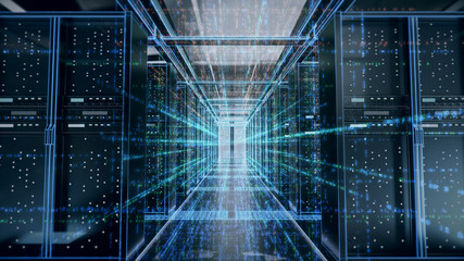 Server room or server computers with data hud.3d rendering.