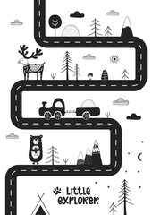 Wall Mural - Little explorer - Cute hand drawn nursery poster with road, wild animals and car. Monochrome vector illustration.