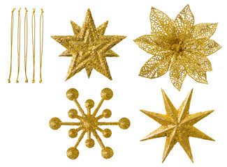 star hanging christmas decoration, new year stars, sparkling golden toys with thread isolated on whi