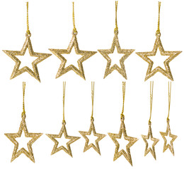 Wall Mural - Star Hanging Christmas Decoration, New Year  Stars, Sparkling Golden Toys with Thread Isolated on White background