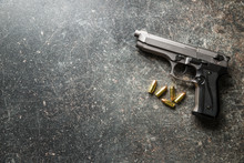 9mm Pistol Bullets And Handgun.