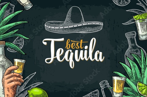 Cuadros en Lienzo Poster with hand holding glass tequila