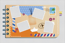 Scrapbooking Album With Travel Elements. Paper Objects For Your Travel And Vacation Layouts