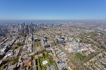 aerial view of royal melbourne hospital, looking south-west to cbd and docklands