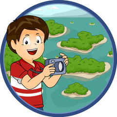 Wall Mural - Illustration of a Little Boy Taking Photos of Islands Scattered