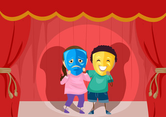 Poster - Stickman Kids Theater Sad Happy Mask Illustration