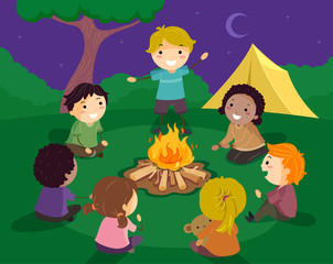 Canvas Print - Stickman Kids Camp Fire Story Telling Illustration