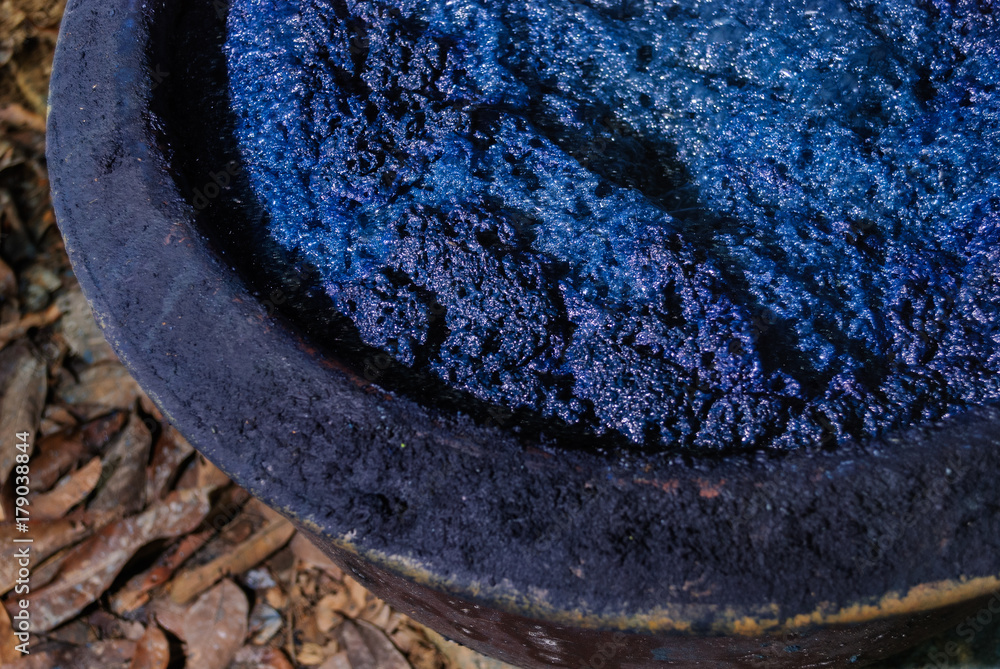 Processing of indigo dyed cotton , fermented dyeing in vat,Thailand - obrazy, fototapety, plakaty 