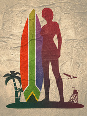 Wall Mural - woman posing with surfboard. human silhouette. vintage surfing graphic and emblem for web design or 