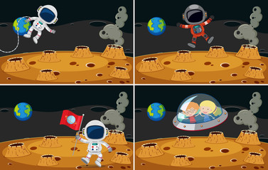 Wall Mural - Four space scenes with astronauts flying